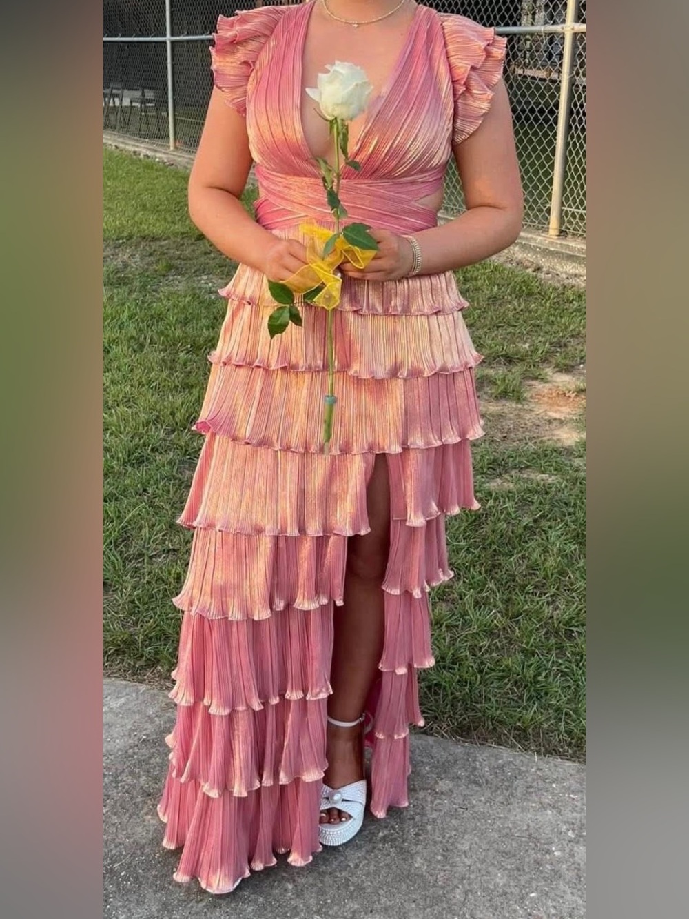 Mac Duggal Pink Tiered Ruffle High-Low Maxi Dress